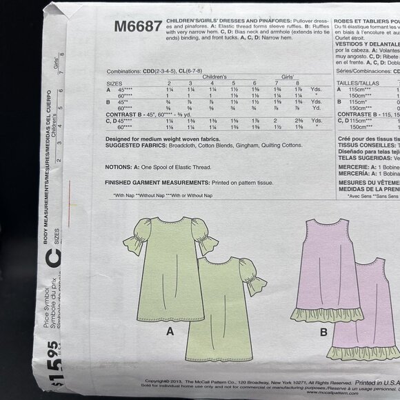 McCall's Easy 6687 “Dresses & Pinafores” (Size 6-7-8) Sewing Pattern Uncut FF - Picture 3 of 5